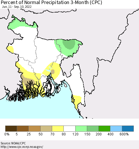 Bangladesh Percent of Normal Precipitation 3-Month (CPC) Thematic Map For 6/11/2022 - 9/10/2022
