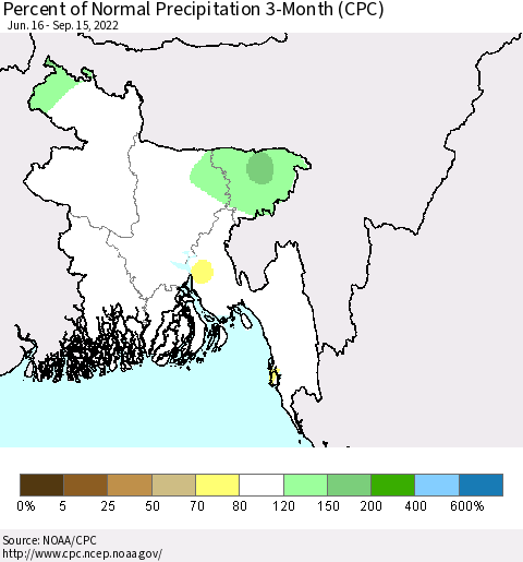 Bangladesh Percent of Normal Precipitation 3-Month (CPC) Thematic Map For 6/16/2022 - 9/15/2022