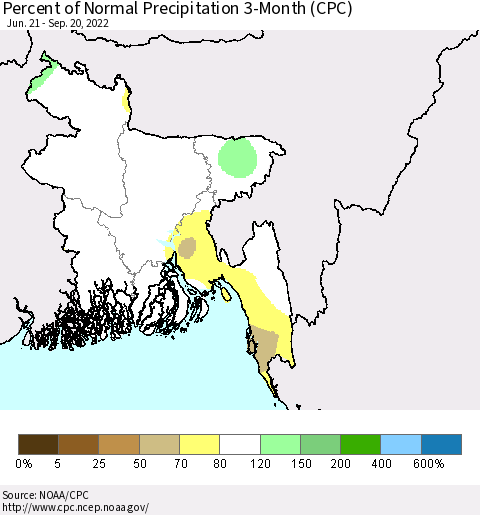 Bangladesh Percent of Normal Precipitation 3-Month (CPC) Thematic Map For 6/21/2022 - 9/20/2022