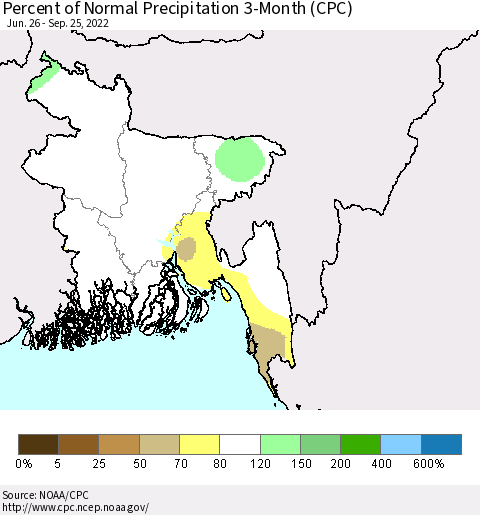Bangladesh Percent of Normal Precipitation 3-Month (CPC) Thematic Map For 6/26/2022 - 9/25/2022