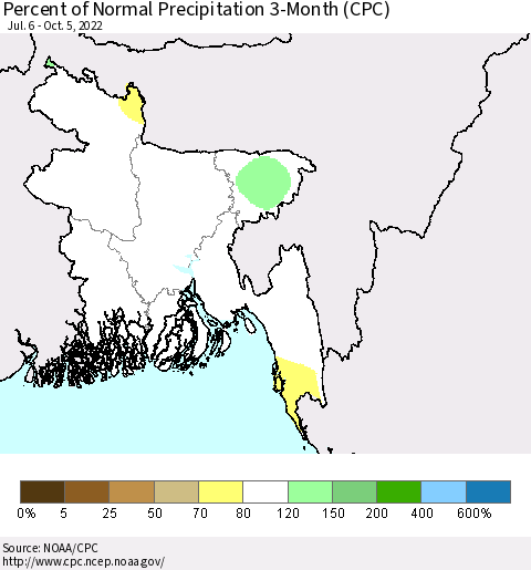 Bangladesh Percent of Normal Precipitation 3-Month (CPC) Thematic Map For 7/6/2022 - 10/5/2022