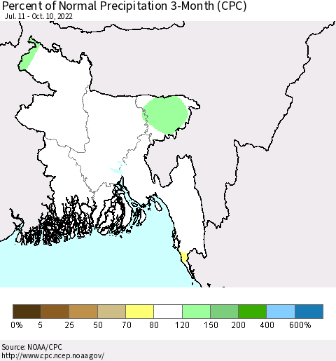 Bangladesh Percent of Normal Precipitation 3-Month (CPC) Thematic Map For 7/11/2022 - 10/10/2022