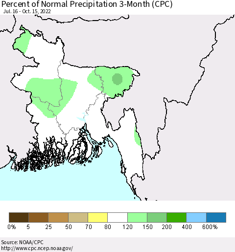 Bangladesh Percent of Normal Precipitation 3-Month (CPC) Thematic Map For 7/16/2022 - 10/15/2022