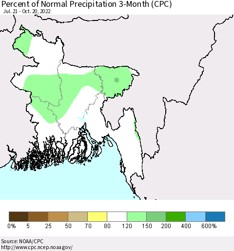Bangladesh Percent of Normal Precipitation 3-Month (CPC) Thematic Map For 7/21/2022 - 10/20/2022