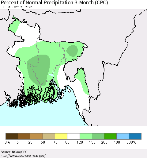 Bangladesh Percent of Normal Precipitation 3-Month (CPC) Thematic Map For 7/26/2022 - 10/25/2022