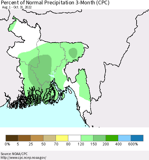 Bangladesh Percent of Normal Precipitation 3-Month (CPC) Thematic Map For 8/1/2022 - 10/31/2022