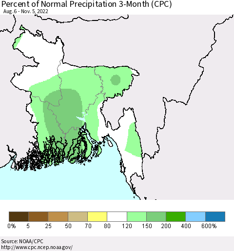 Bangladesh Percent of Normal Precipitation 3-Month (CPC) Thematic Map For 8/6/2022 - 11/5/2022