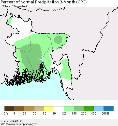 Bangladesh Percent of Normal Precipitation 3-Month (CPC) Thematic Map For 8/11/2022 - 11/10/2022