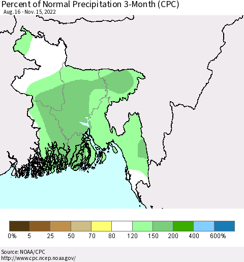 Bangladesh Percent of Normal Precipitation 3-Month (CPC) Thematic Map For 8/16/2022 - 11/15/2022