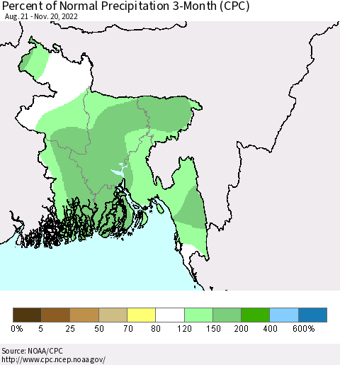 Bangladesh Percent of Normal Precipitation 3-Month (CPC) Thematic Map For 8/21/2022 - 11/20/2022