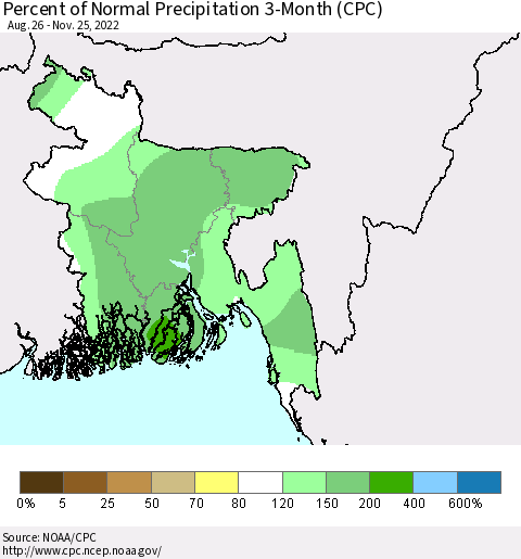 Bangladesh Percent of Normal Precipitation 3-Month (CPC) Thematic Map For 8/26/2022 - 11/25/2022