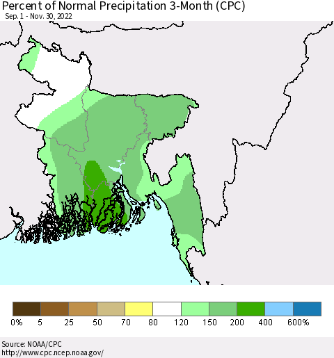 Bangladesh Percent of Normal Precipitation 3-Month (CPC) Thematic Map For 9/1/2022 - 11/30/2022