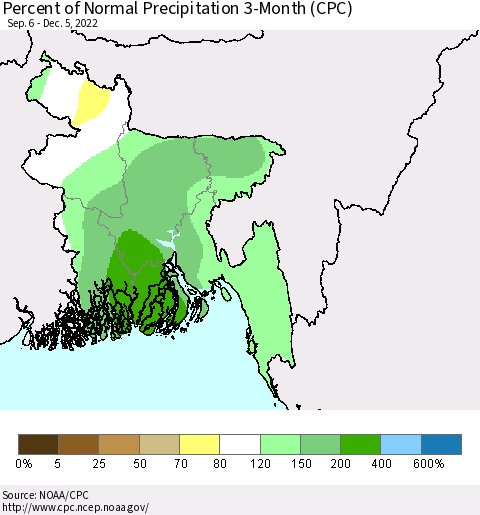 Bangladesh Percent of Normal Precipitation 3-Month (CPC) Thematic Map For 9/6/2022 - 12/5/2022