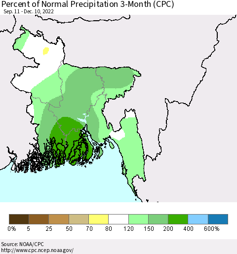 Bangladesh Percent of Normal Precipitation 3-Month (CPC) Thematic Map For 9/11/2022 - 12/10/2022