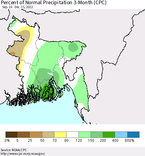 Bangladesh Percent of Normal Precipitation 3-Month (CPC) Thematic Map For 9/16/2022 - 12/15/2022