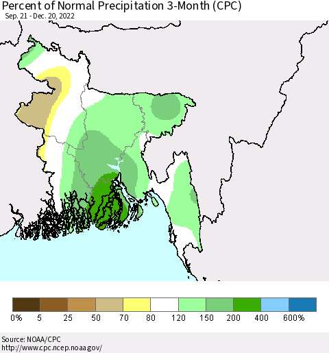 Bangladesh Percent of Normal Precipitation 3-Month (CPC) Thematic Map For 9/21/2022 - 12/20/2022