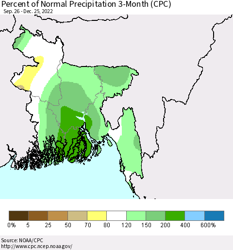 Bangladesh Percent of Normal Precipitation 3-Month (CPC) Thematic Map For 9/26/2022 - 12/25/2022
