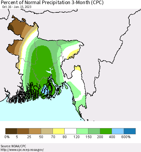 Bangladesh Percent of Normal Precipitation 3-Month (CPC) Thematic Map For 10/16/2022 - 1/15/2023
