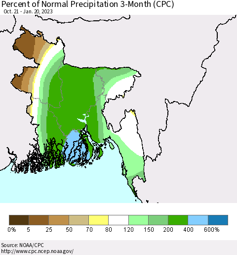 Bangladesh Percent of Normal Precipitation 3-Month (CPC) Thematic Map For 10/21/2022 - 1/20/2023