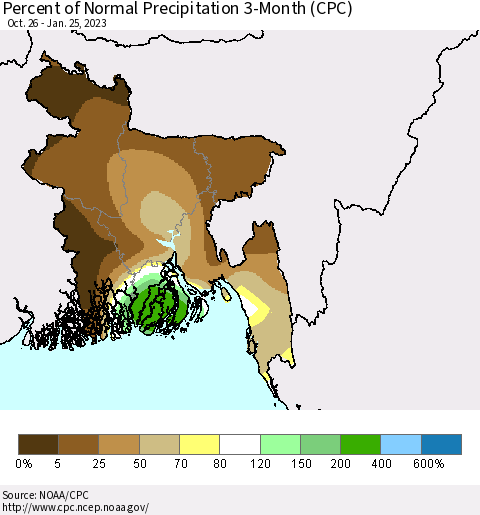 Bangladesh Percent of Normal Precipitation 3-Month (CPC) Thematic Map For 10/26/2022 - 1/25/2023