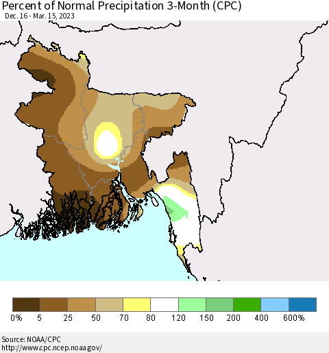 Bangladesh Percent of Normal Precipitation 3-Month (CPC) Thematic Map For 12/16/2022 - 3/15/2023
