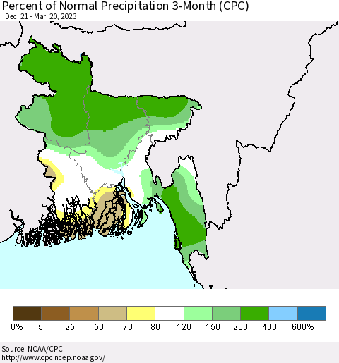 Bangladesh Percent of Normal Precipitation 3-Month (CPC) Thematic Map For 12/21/2022 - 3/20/2023