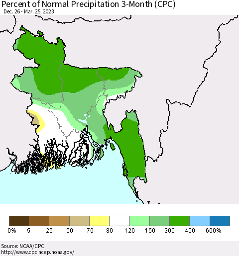 Bangladesh Percent of Normal Precipitation 3-Month (CPC) Thematic Map For 12/26/2022 - 3/25/2023