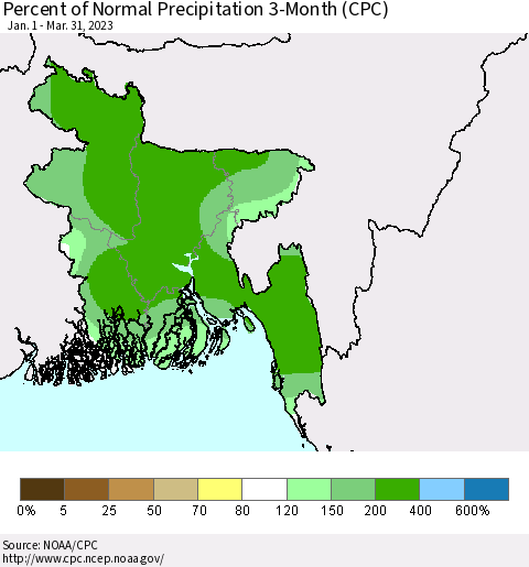 Bangladesh Percent of Normal Precipitation 3-Month (CPC) Thematic Map For 1/1/2023 - 3/31/2023
