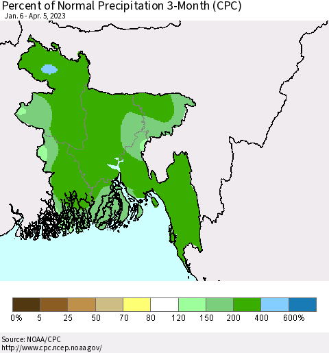 Bangladesh Percent of Normal Precipitation 3-Month (CPC) Thematic Map For 1/6/2023 - 4/5/2023
