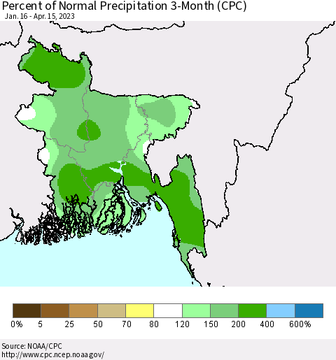 Bangladesh Percent of Normal Precipitation 3-Month (CPC) Thematic Map For 1/16/2023 - 4/15/2023