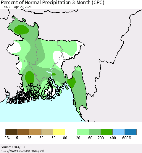 Bangladesh Percent of Normal Precipitation 3-Month (CPC) Thematic Map For 1/21/2023 - 4/20/2023