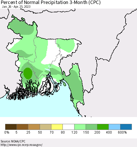 Bangladesh Percent of Normal Precipitation 3-Month (CPC) Thematic Map For 1/26/2023 - 4/25/2023
