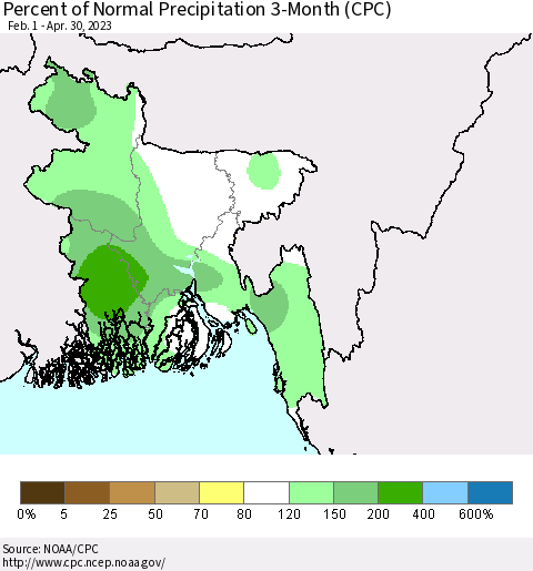 Bangladesh Percent of Normal Precipitation 3-Month (CPC) Thematic Map For 2/1/2023 - 4/30/2023