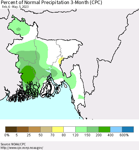 Bangladesh Percent of Normal Precipitation 3-Month (CPC) Thematic Map For 2/6/2023 - 5/5/2023