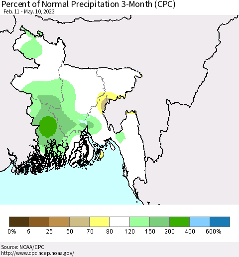 Bangladesh Percent of Normal Precipitation 3-Month (CPC) Thematic Map For 2/11/2023 - 5/10/2023