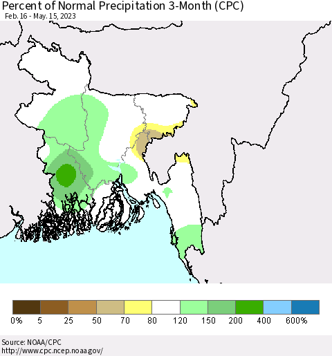 Bangladesh Percent of Normal Precipitation 3-Month (CPC) Thematic Map For 2/16/2023 - 5/15/2023