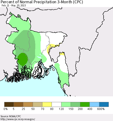 Bangladesh Percent of Normal Precipitation 3-Month (CPC) Thematic Map For 2/21/2023 - 5/20/2023