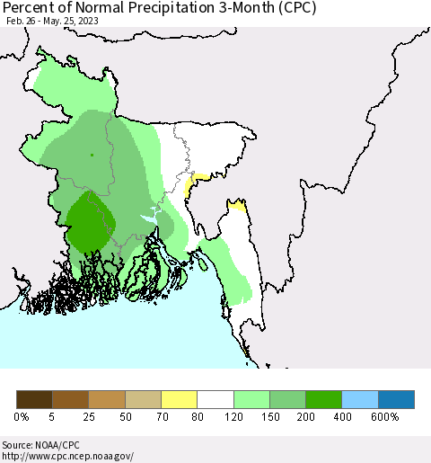 Bangladesh Percent of Normal Precipitation 3-Month (CPC) Thematic Map For 2/26/2023 - 5/25/2023