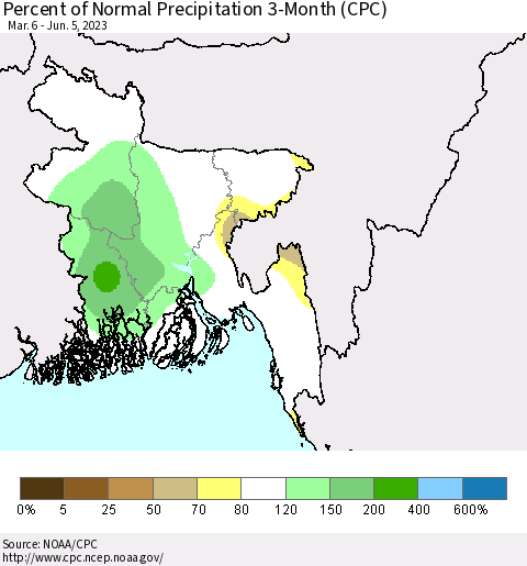 Bangladesh Percent of Normal Precipitation 3-Month (CPC) Thematic Map For 3/6/2023 - 6/5/2023