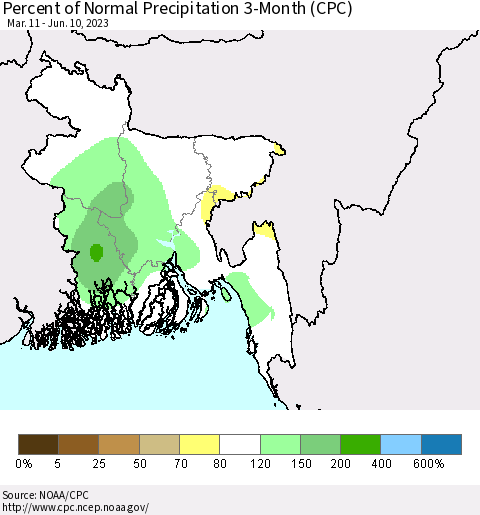 Bangladesh Percent of Normal Precipitation 3-Month (CPC) Thematic Map For 3/11/2023 - 6/10/2023