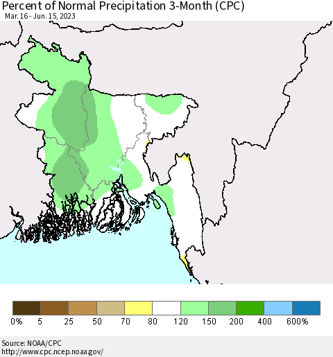 Bangladesh Percent of Normal Precipitation 3-Month (CPC) Thematic Map For 3/16/2023 - 6/15/2023
