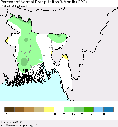 Bangladesh Percent of Normal Precipitation 3-Month (CPC) Thematic Map For 3/26/2023 - 6/25/2023