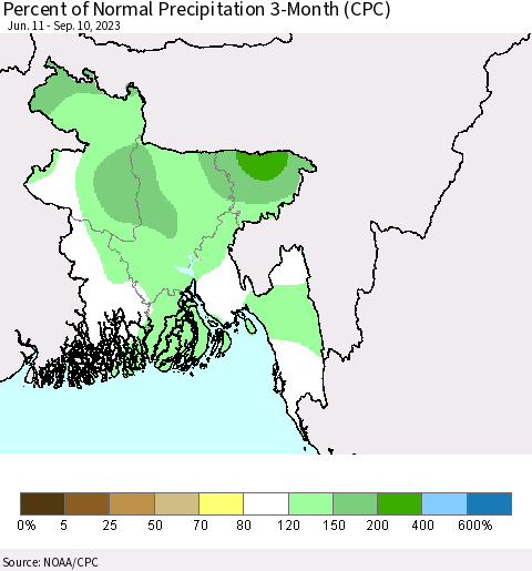 Bangladesh Percent of Normal Precipitation 3-Month (CPC) Thematic Map For 6/11/2023 - 9/10/2023