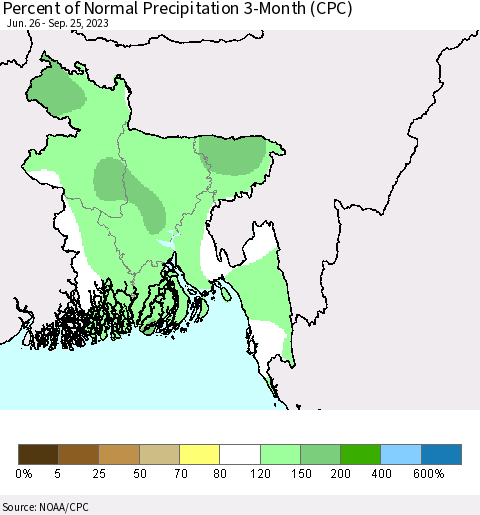 Bangladesh Percent of Normal Precipitation 3-Month (CPC) Thematic Map For 6/26/2023 - 9/25/2023