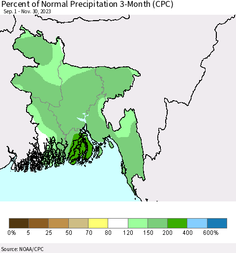 Bangladesh Percent of Normal Precipitation 3-Month (CPC) Thematic Map For 9/1/2023 - 11/30/2023