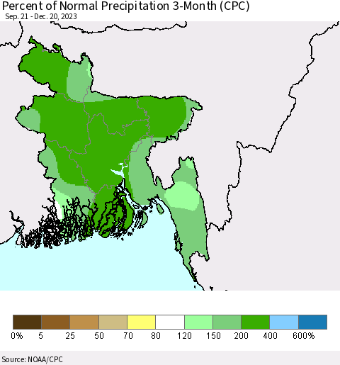 Bangladesh Percent of Normal Precipitation 3-Month (CPC) Thematic Map For 9/21/2023 - 12/20/2023