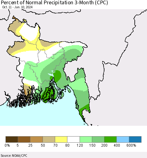 Bangladesh Percent of Normal Precipitation 3-Month (CPC) Thematic Map For 10/11/2023 - 1/10/2024