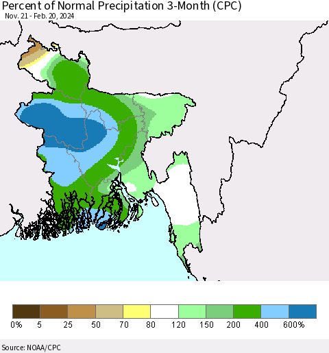 Bangladesh Percent of Normal Precipitation 3-Month (CPC) Thematic Map For 11/21/2023 - 2/20/2024