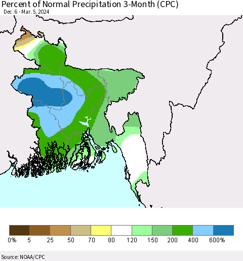 Bangladesh Percent of Normal Precipitation 3-Month (CPC) Thematic Map For 12/6/2023 - 3/5/2024