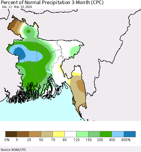 Bangladesh Percent of Normal Precipitation 3-Month (CPC) Thematic Map For 12/11/2023 - 3/10/2024